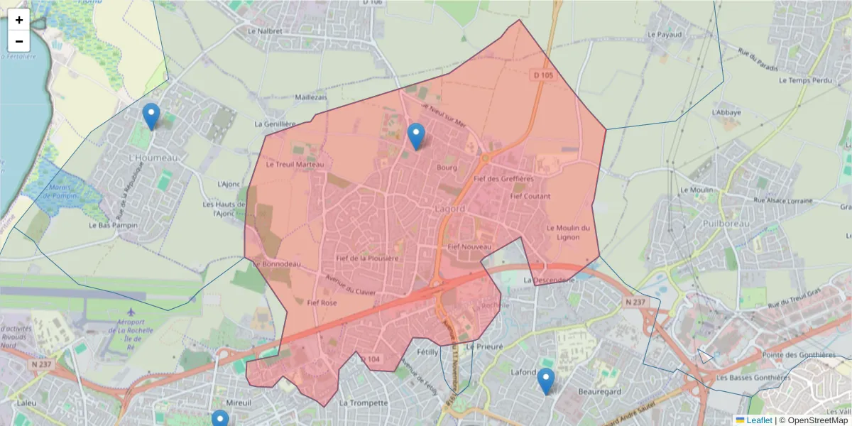 Carte de la zone du code postal  et des codes postaux voisins en France