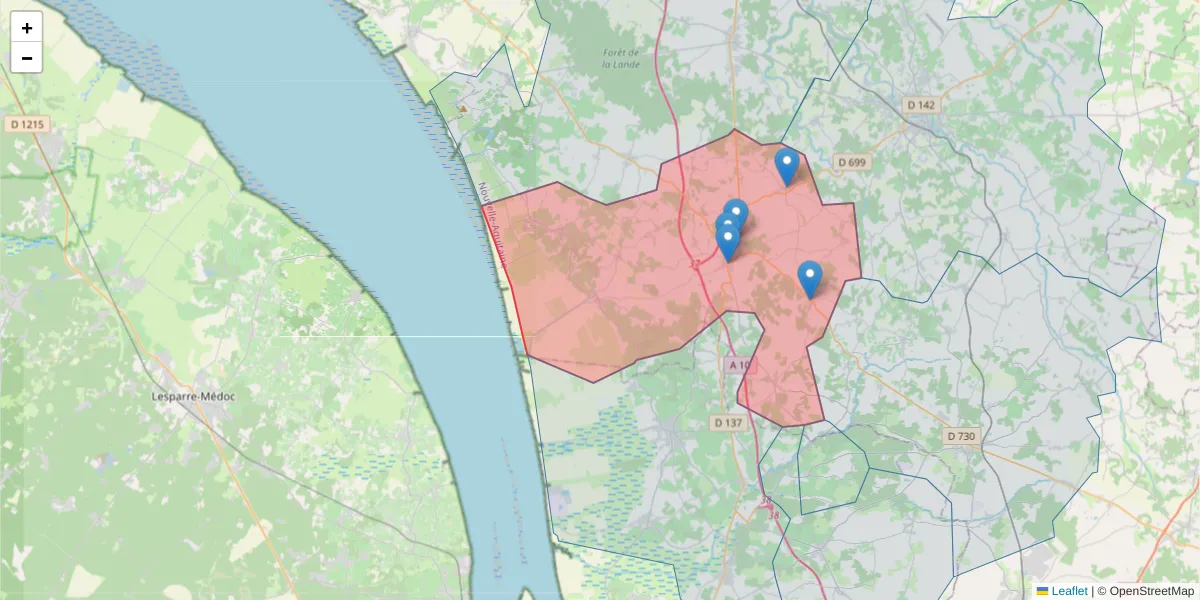 Carte de la zone du code postal  et des codes postaux voisins en France