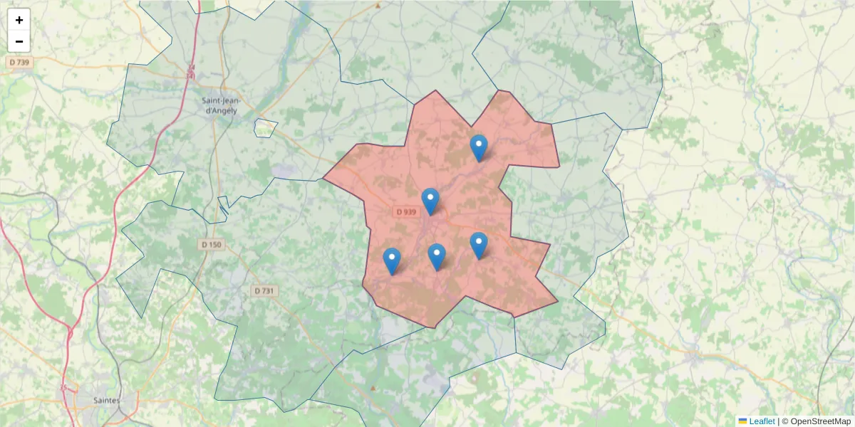 Carte de la zone du code postal  et des codes postaux voisins en France