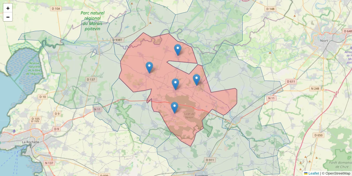 Carte de la zone du code postal  et des codes postaux voisins en France