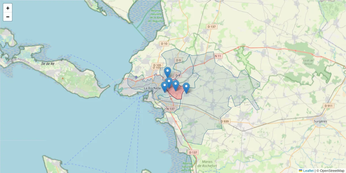 Carte de la zone du code postal  et des codes postaux voisins en France
