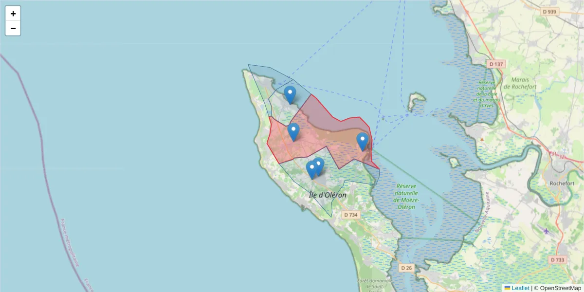 Carte de la zone du code postal  et des codes postaux voisins en France
