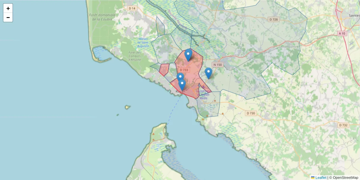 Carte de la zone du code postal  et des codes postaux voisins en France