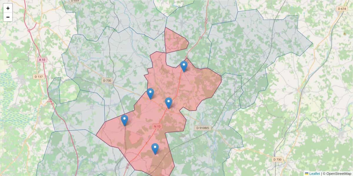 Carte de la zone du code postal  et des codes postaux voisins en France