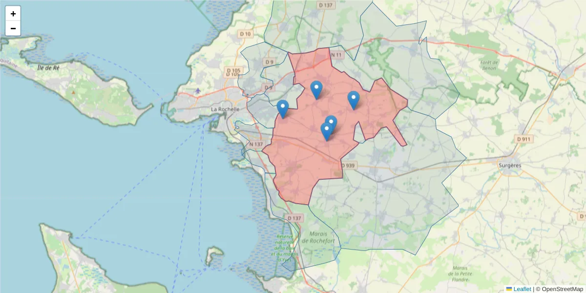Carte de la zone du code postal  et des codes postaux voisins en France