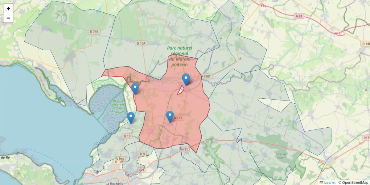 Carte de la zone du code postal  et des codes postaux voisins en France