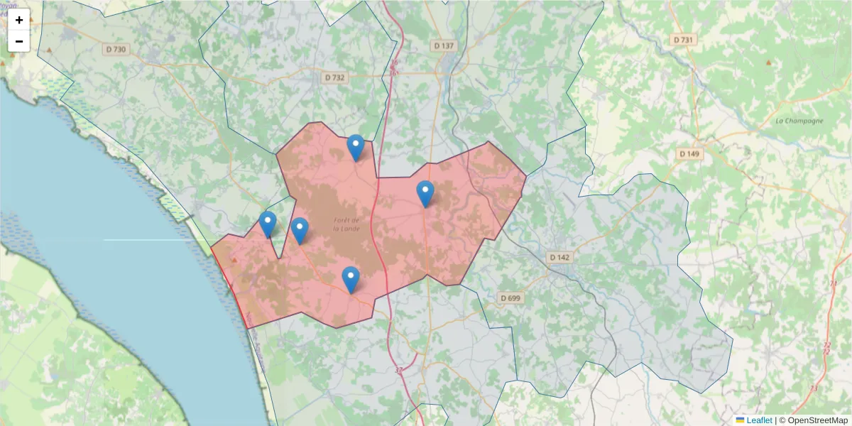 Carte de la zone du code postal  et des codes postaux voisins en France