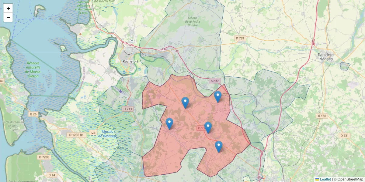 Carte de la zone du code postal  et des codes postaux voisins en France