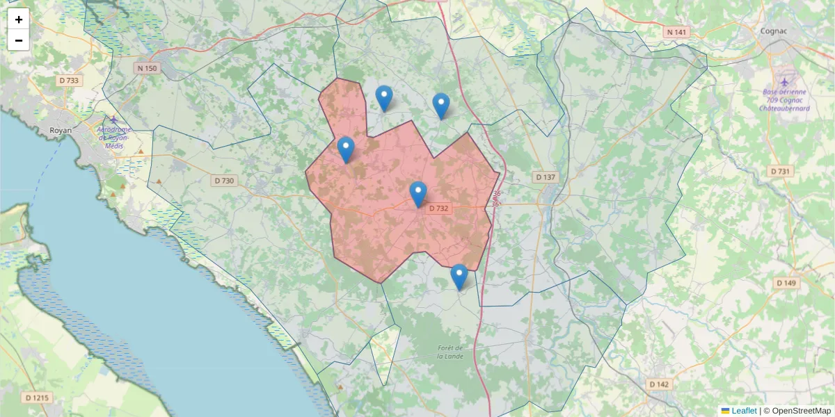 Carte de la zone du code postal  et des codes postaux voisins en France