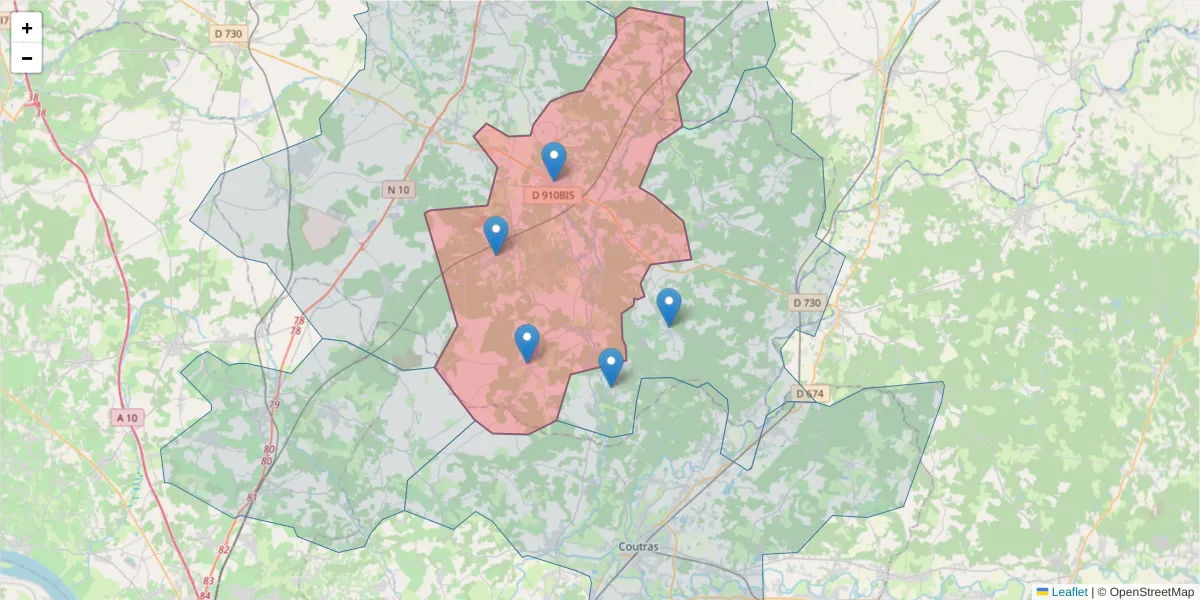 Carte de la zone du code postal  et des codes postaux voisins en France