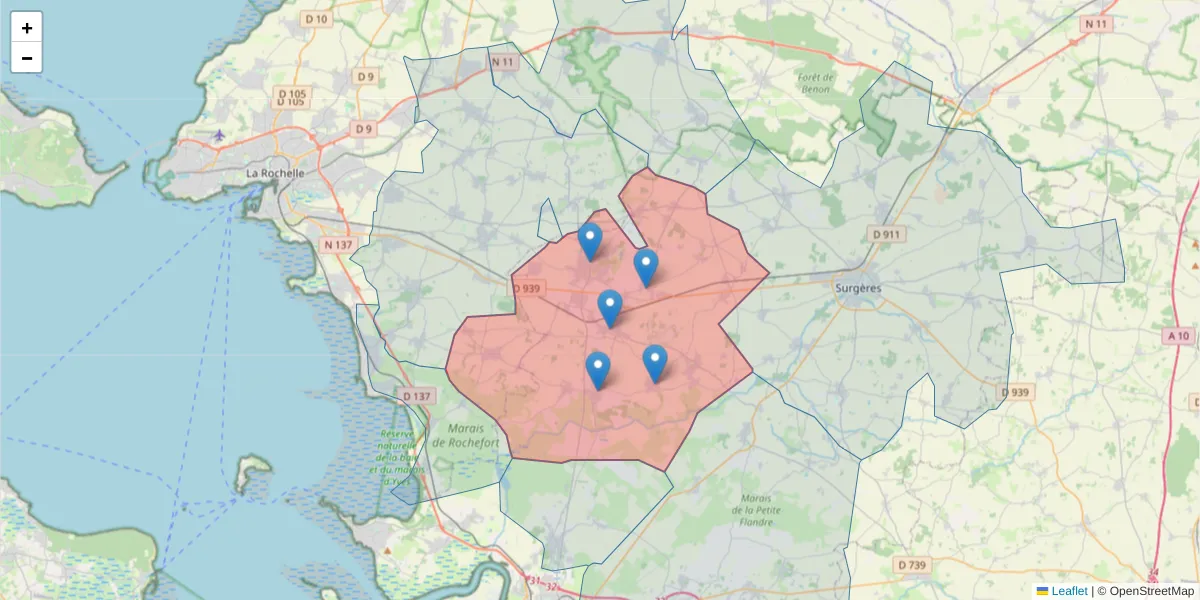 Carte de la zone du code postal  et des codes postaux voisins en France