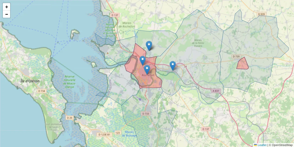 Carte de la zone du code postal  et des codes postaux voisins en France