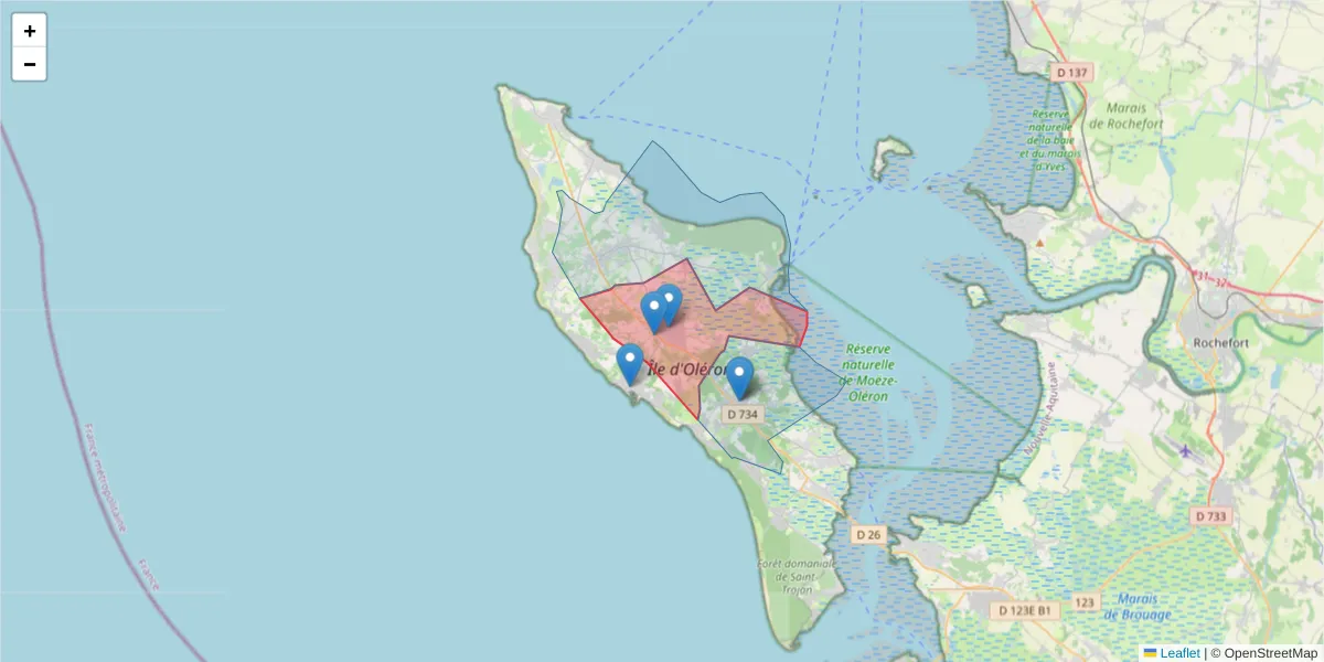 Carte de la zone du code postal  et des codes postaux voisins en France