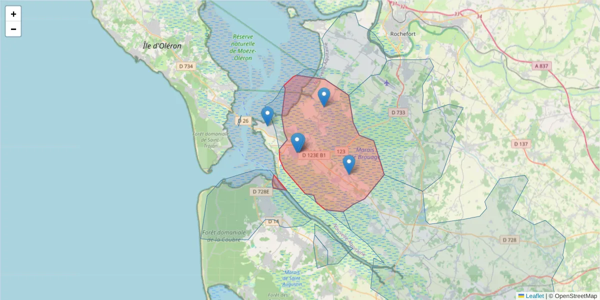 Carte de la zone du code postal  et des codes postaux voisins en France