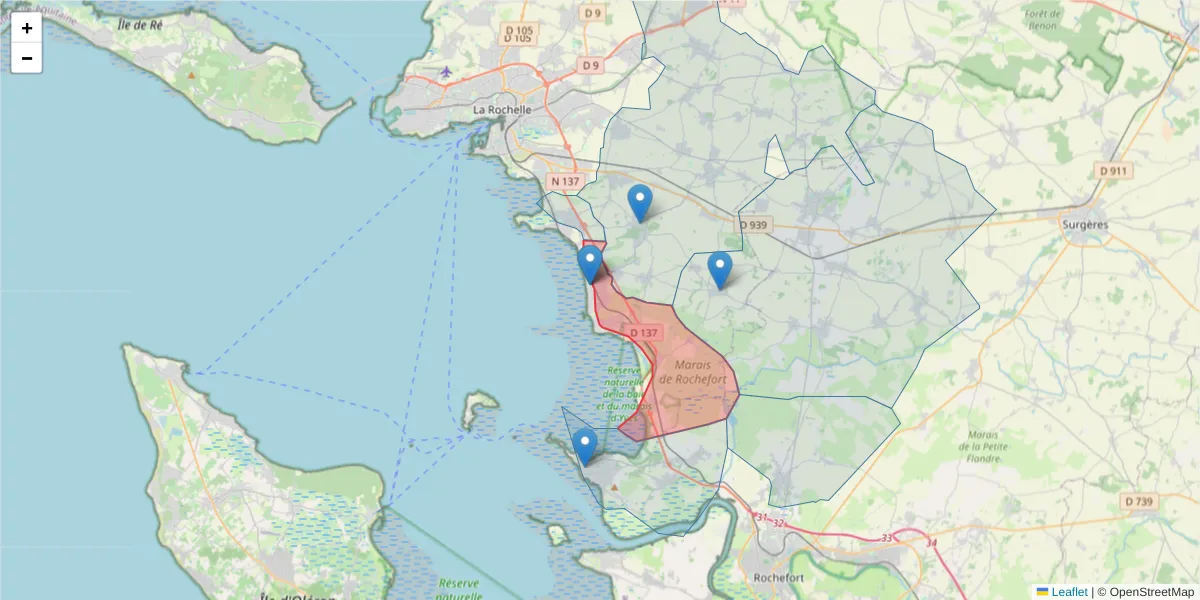 Carte de la zone du code postal  et des codes postaux voisins en France