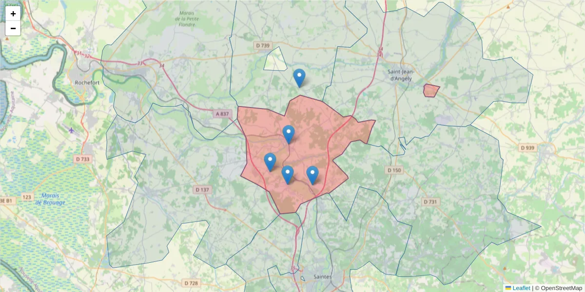 Carte de la zone du code postal  et des codes postaux voisins en France