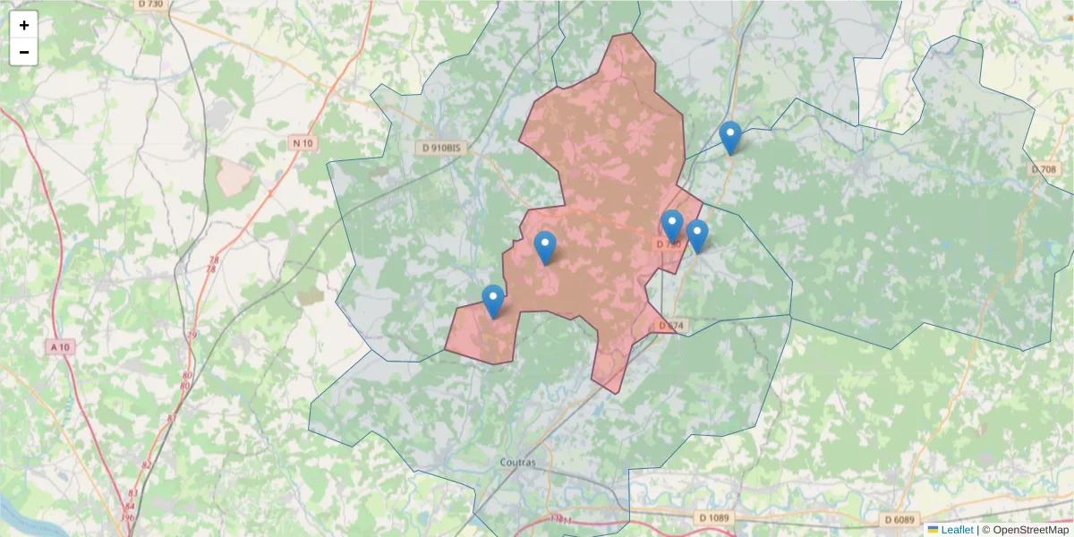 Carte de la zone du code postal  et des codes postaux voisins en France