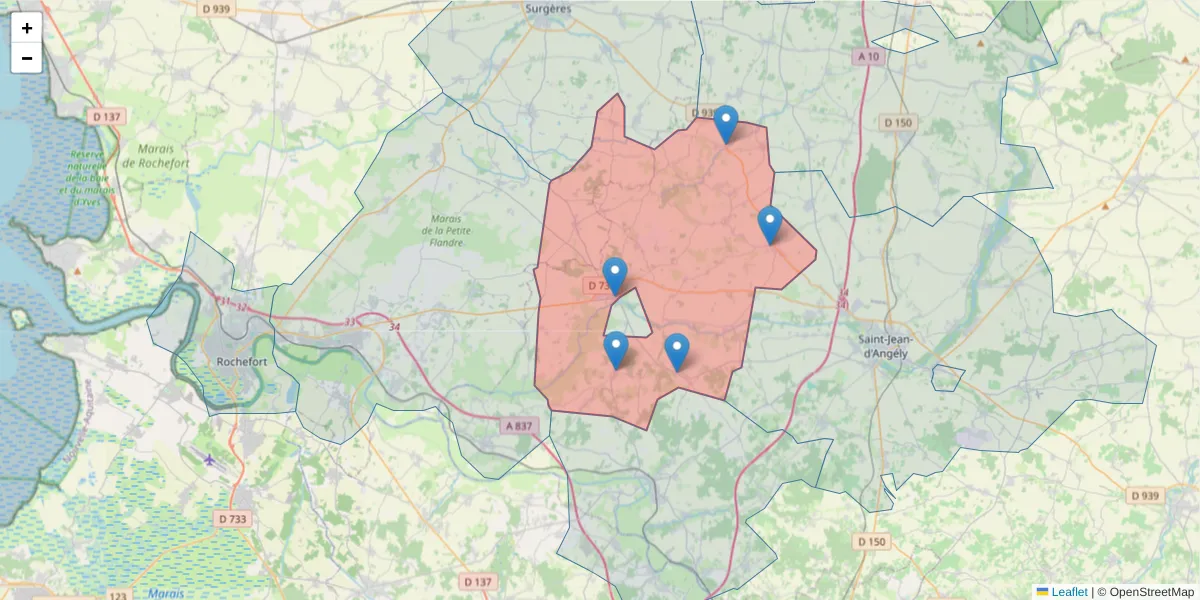Carte de la zone du code postal  et des codes postaux voisins en France