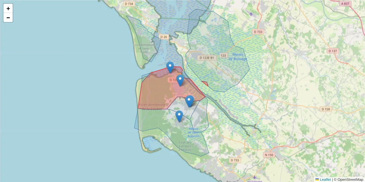 Carte de la zone du code postal  et des codes postaux voisins en France