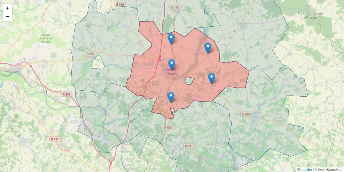 Carte de la zone du code postal  et des codes postaux voisins en France