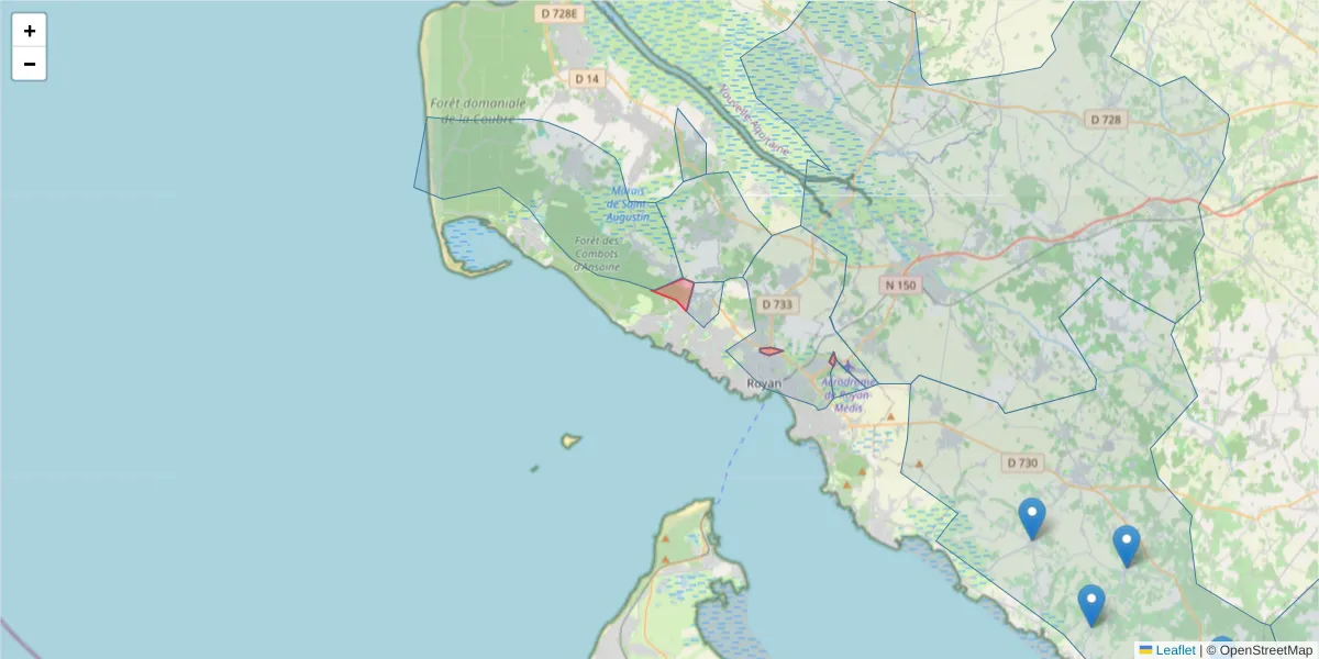 Carte de la zone du code postal  et des codes postaux voisins en France
