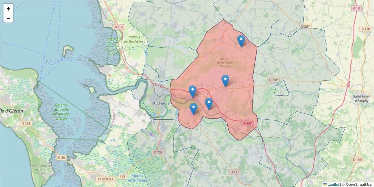 Carte de la zone du code postal  et des codes postaux voisins en France