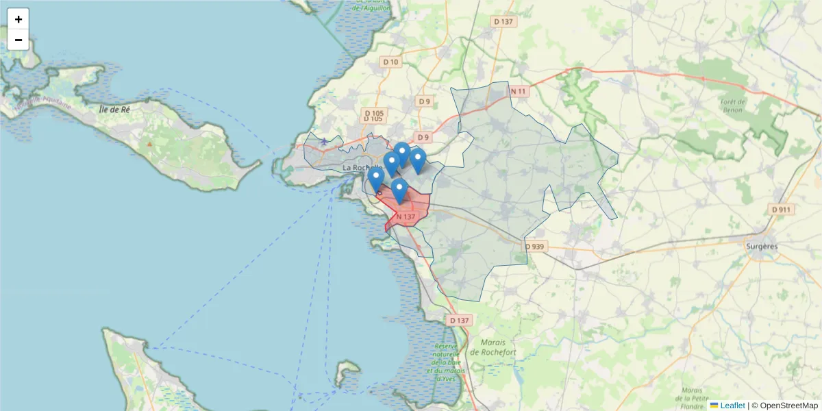 Carte de la zone du code postal  et des codes postaux voisins en France