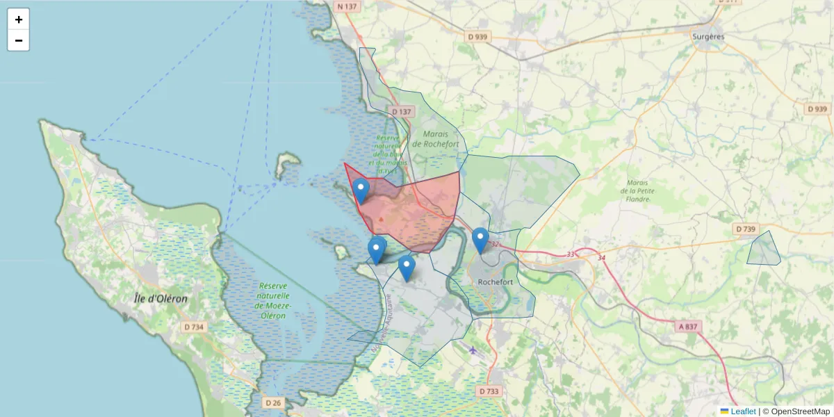 Carte de la zone du code postal  et des codes postaux voisins en France