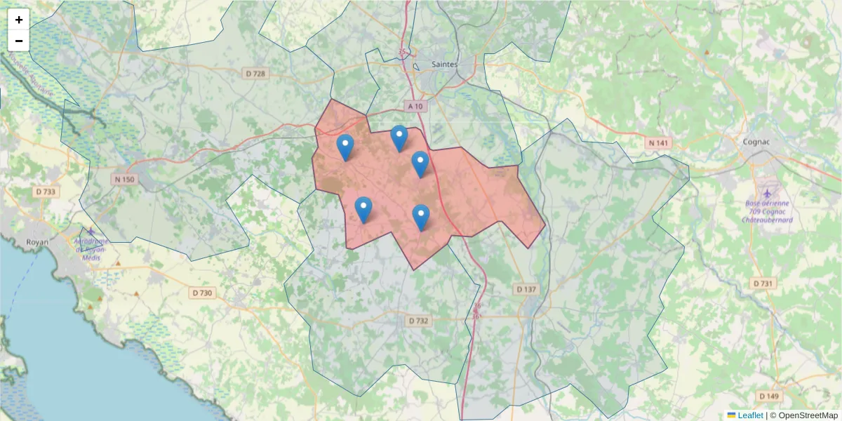 Carte de la zone du code postal  et des codes postaux voisins en France