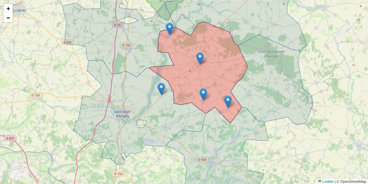 Carte de la zone du code postal  et des codes postaux voisins en France