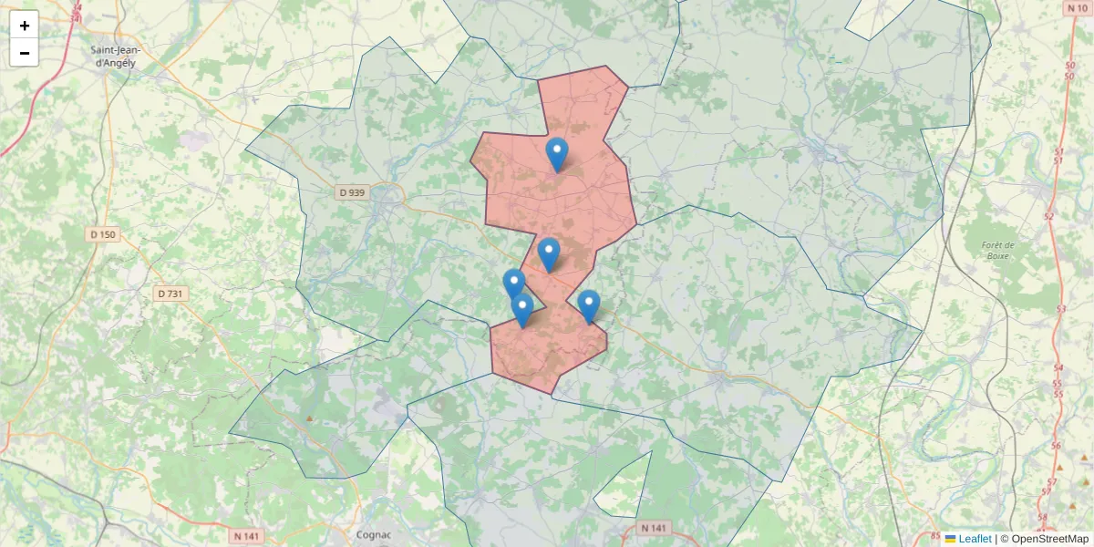 Carte de la zone du code postal  et des codes postaux voisins en France
