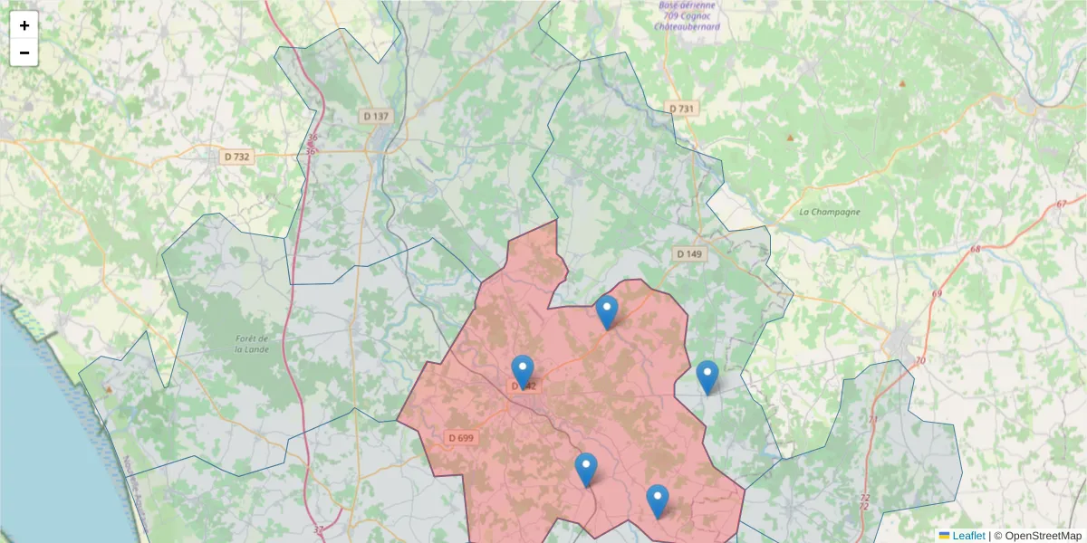 Carte de la zone du code postal  et des codes postaux voisins en France
