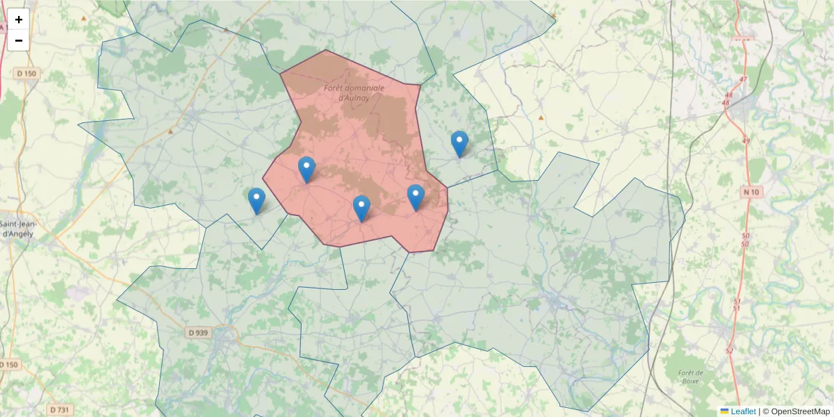 Carte de la zone du code postal  et des codes postaux voisins en France