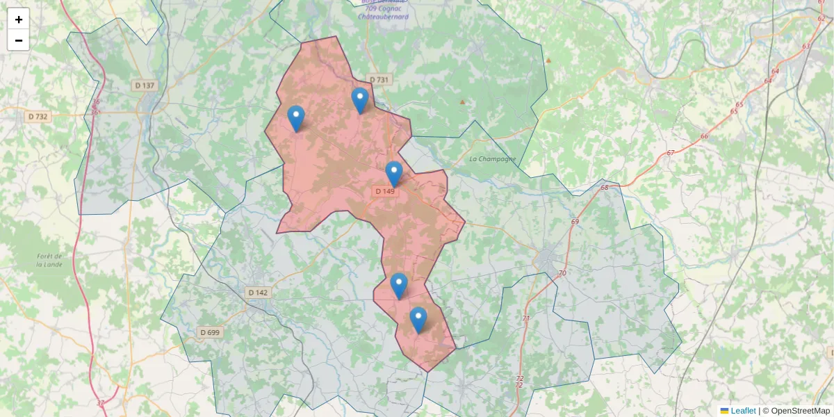 Carte de la zone du code postal  et des codes postaux voisins en France