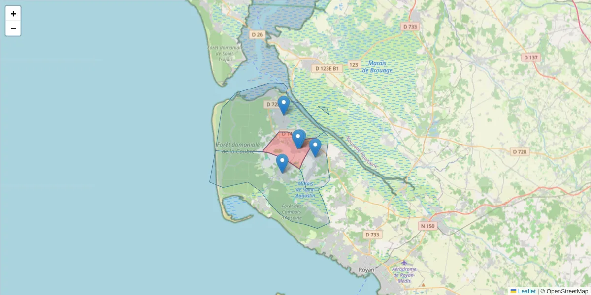 Carte de la zone du code postal  et des codes postaux voisins en France