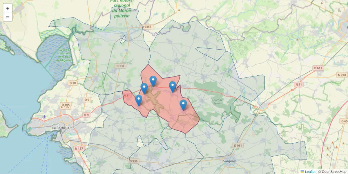 Carte de la zone du code postal  et des codes postaux voisins en France