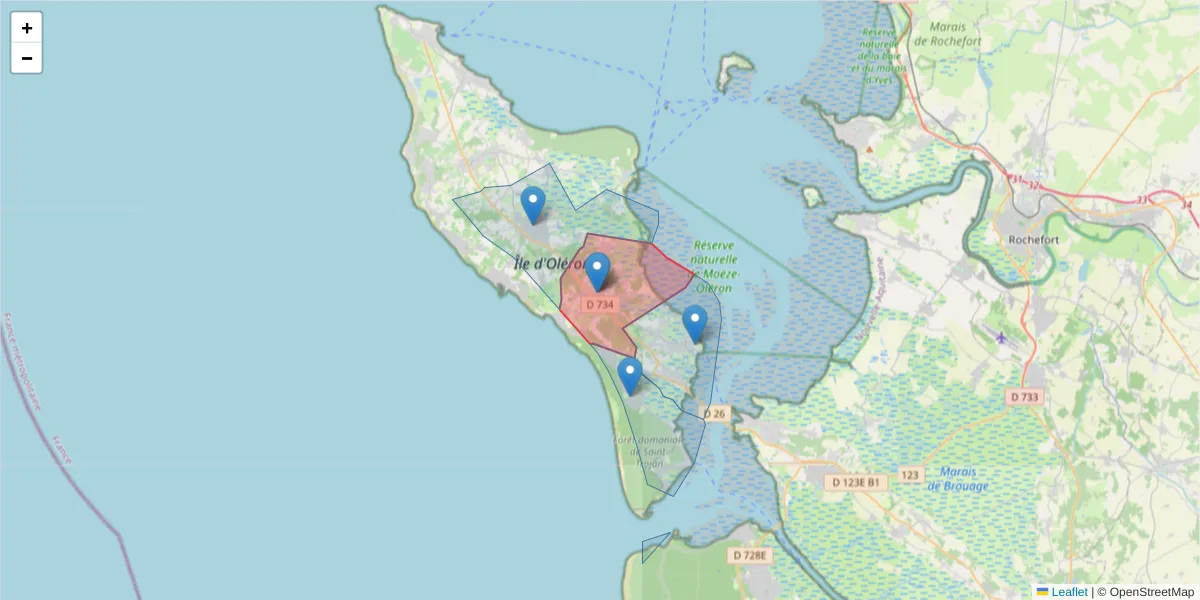 Carte de la zone du code postal  et des codes postaux voisins en France