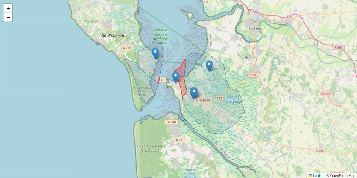 Carte de la zone du code postal  et des codes postaux voisins en France