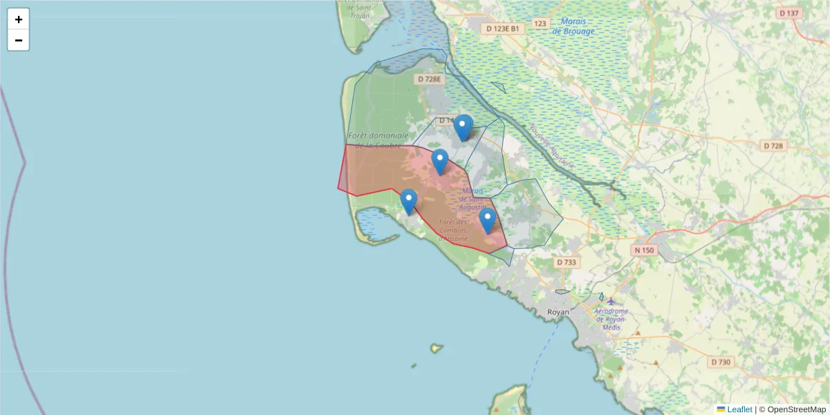 Carte de la zone du code postal  et des codes postaux voisins en France