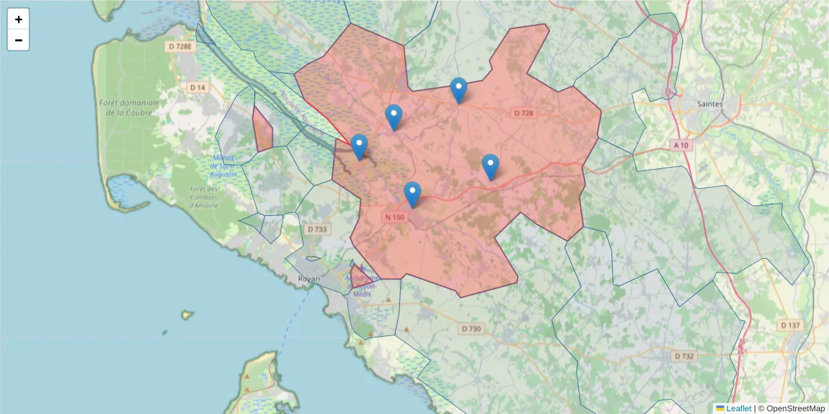 Carte de la zone du code postal  et des codes postaux voisins en France