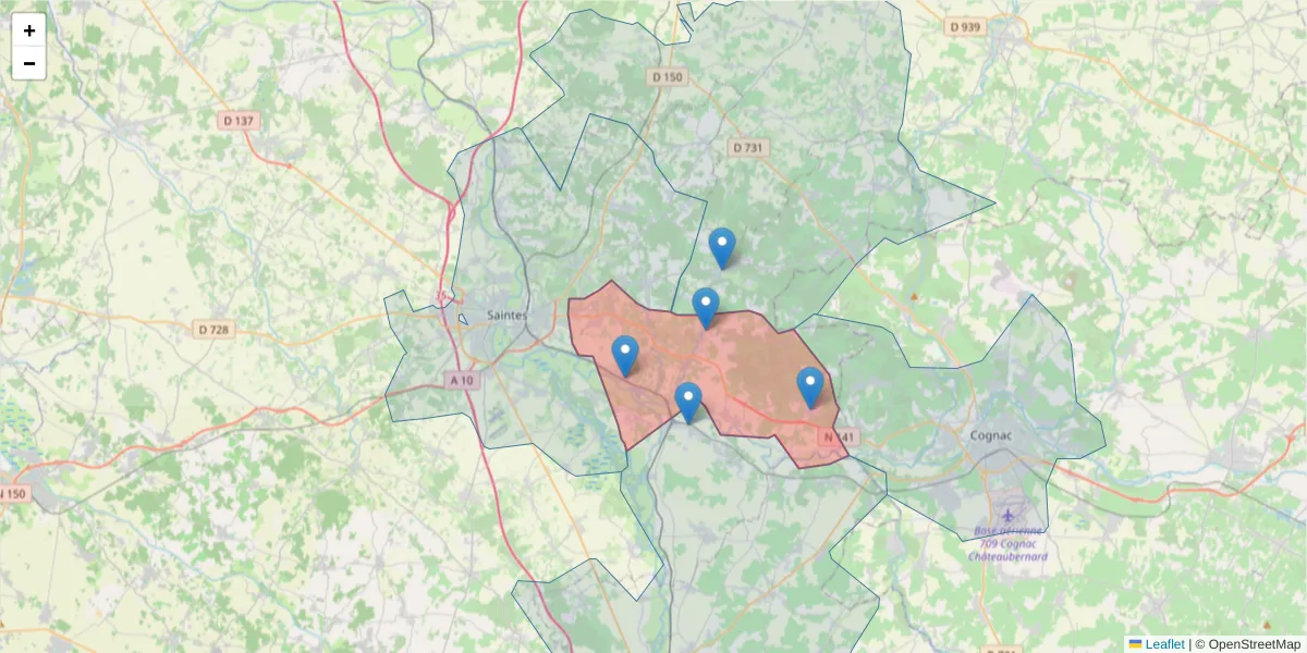 Carte de la zone du code postal  et des codes postaux voisins en France