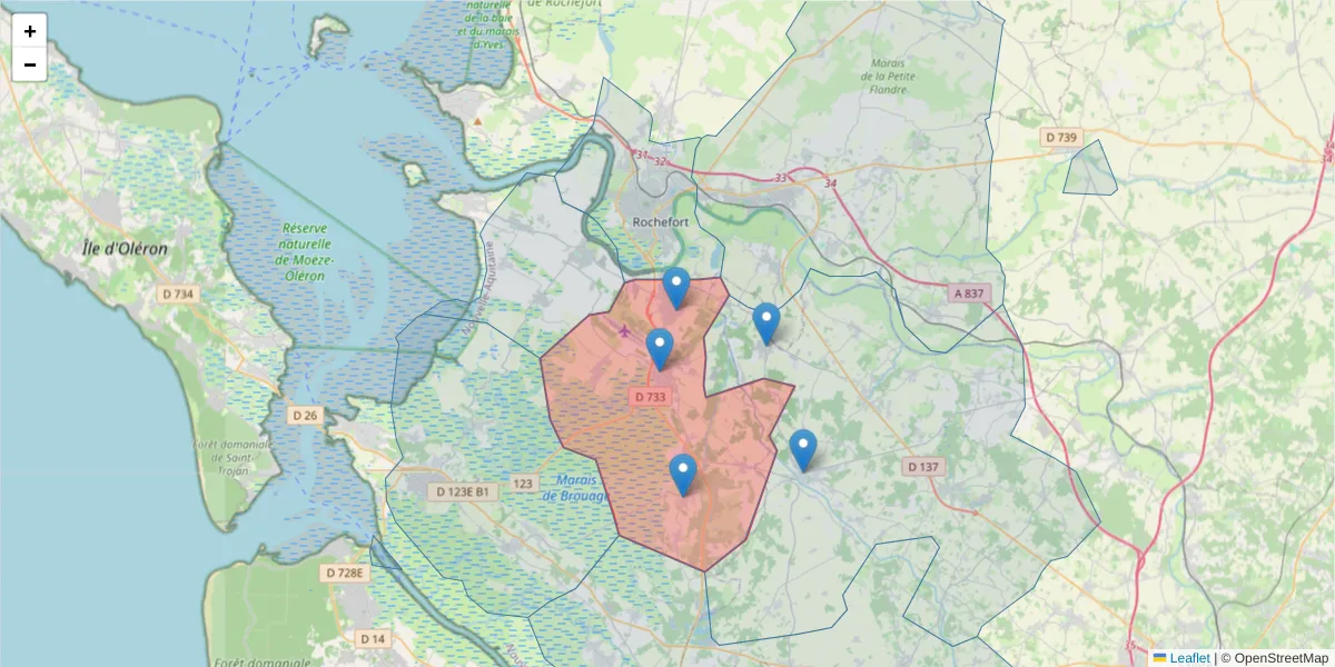 Carte de la zone du code postal  et des codes postaux voisins en France
