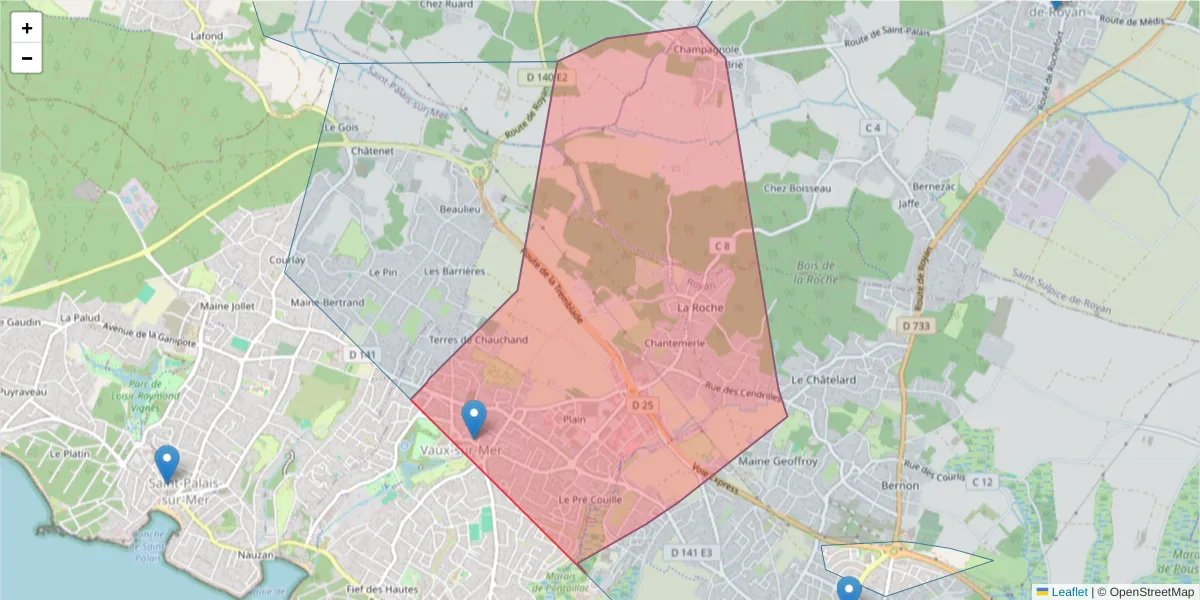 Carte de la zone du code postal  et des codes postaux voisins en France