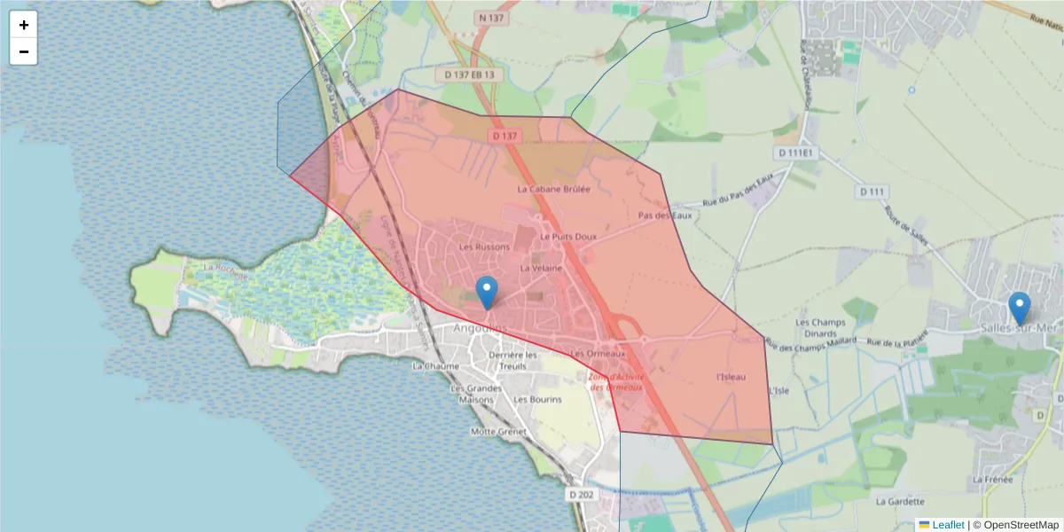 Carte de la zone du code postal  et des codes postaux voisins en France