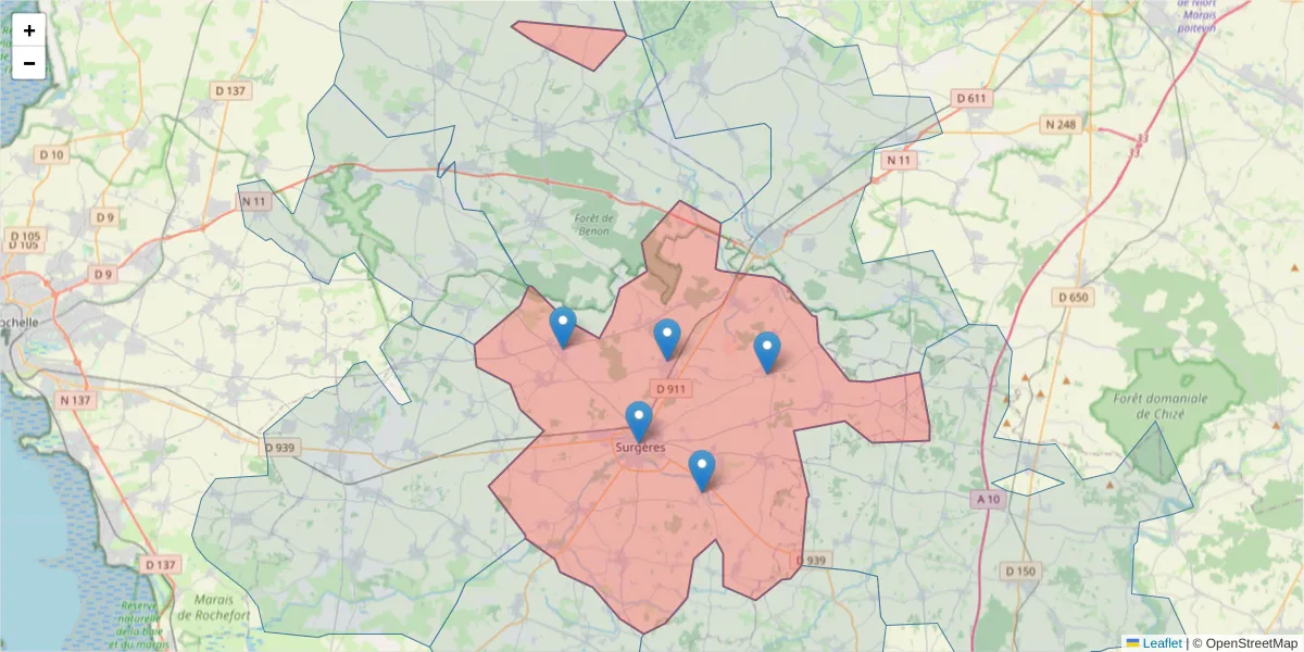 Carte de la zone du code postal  et des codes postaux voisins en France