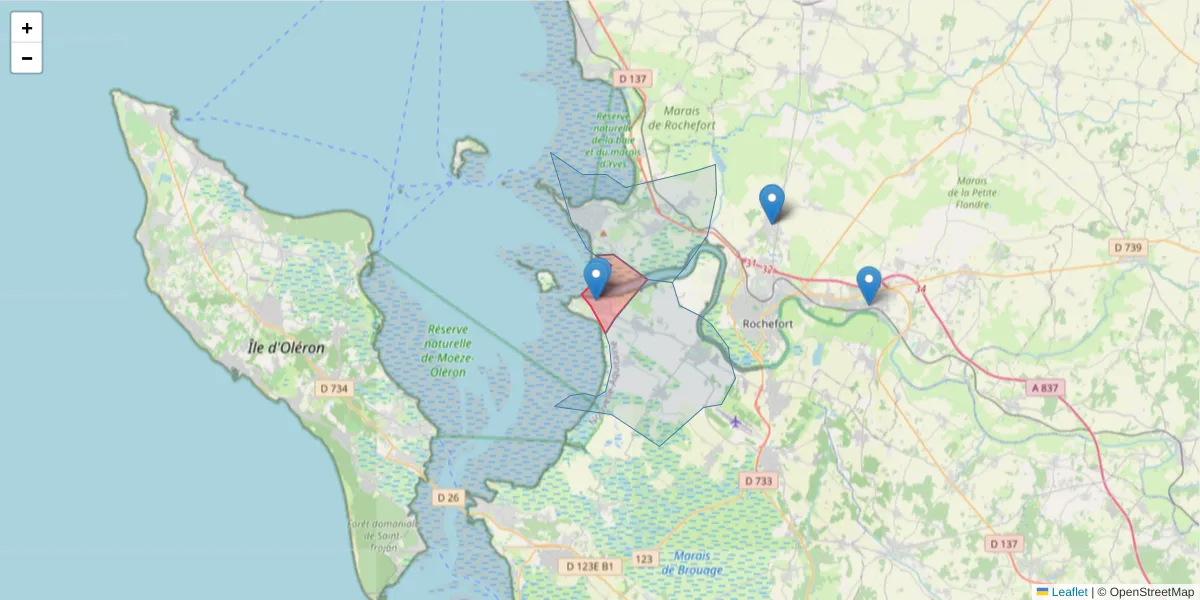 Carte de la zone du code postal  et des codes postaux voisins en France
