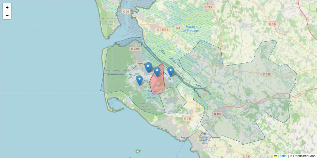 Carte de la zone du code postal  et des codes postaux voisins en France