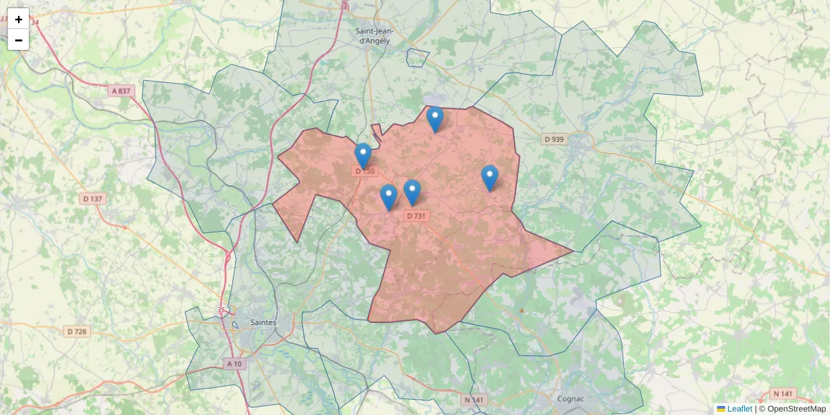 Carte de la zone du code postal  et des codes postaux voisins en France