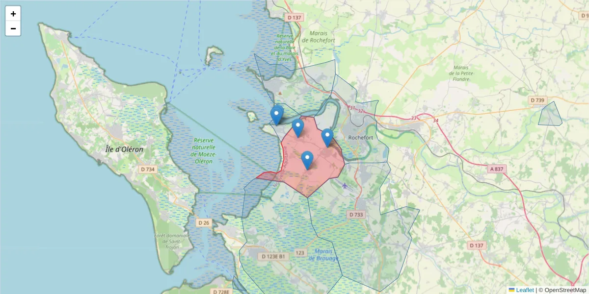 Carte de la zone du code postal  et des codes postaux voisins en France