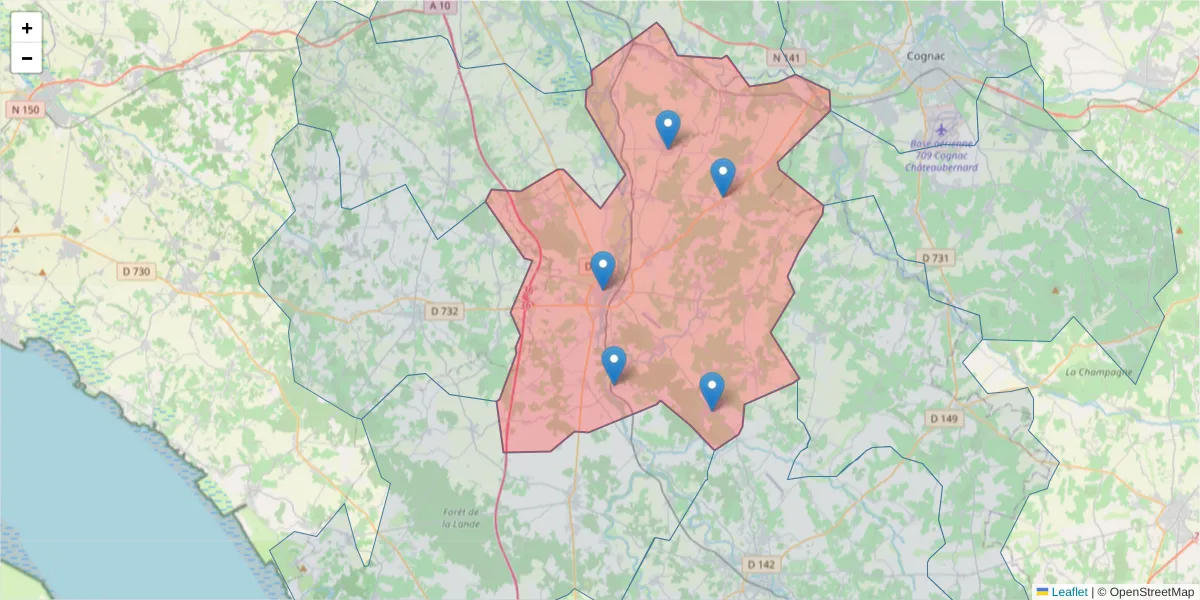 Carte de la zone du code postal  et des codes postaux voisins en France